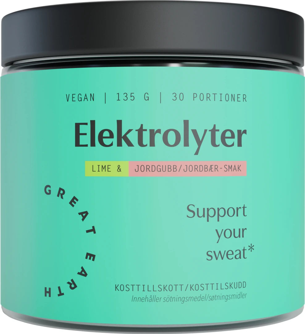 Great Earth Elektrolyter 135 g elektrolytpulver i en turkos burk med svart lock och smaken jordgubb lime.