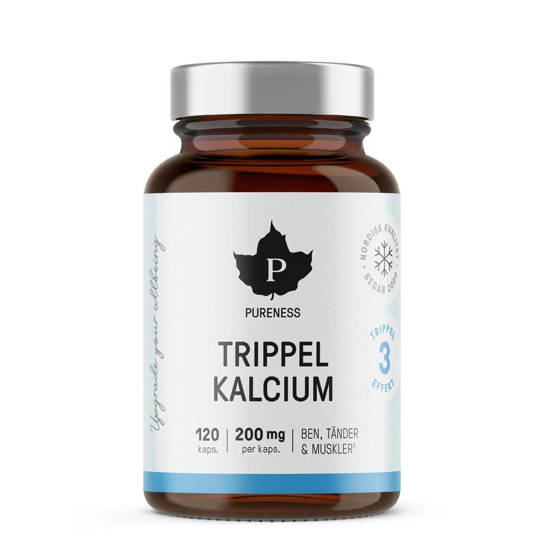 Pureness Trippel Kalcium 120 caps i en brun glasburk med vit etikett och silverfärgat lock.