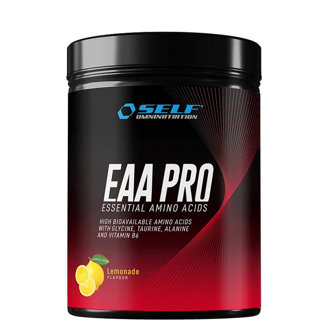 Self Omninutrition EAA PRO 400 g aminosyrapulver i en svart burk med röda detaljer och Lemonade-smak.