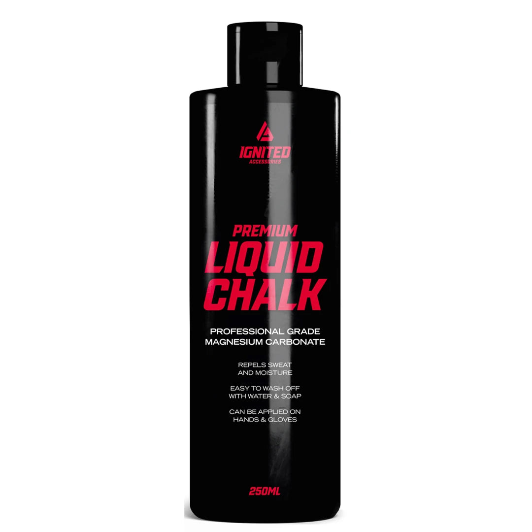Ignited Liquid Chalk 250 ml flytande kalk i en svart flaska med röd text, för bättre grepp vid träning., bild 1 av 1