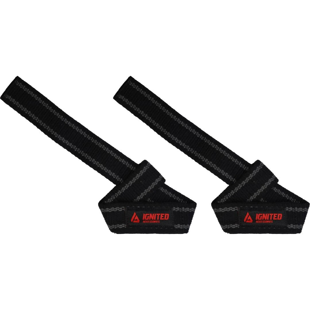 Ignited Premium Padded Lifting Straps Black/Grey i svart canvas med grå detaljer och röd logotyp för ett säkrare grepp.