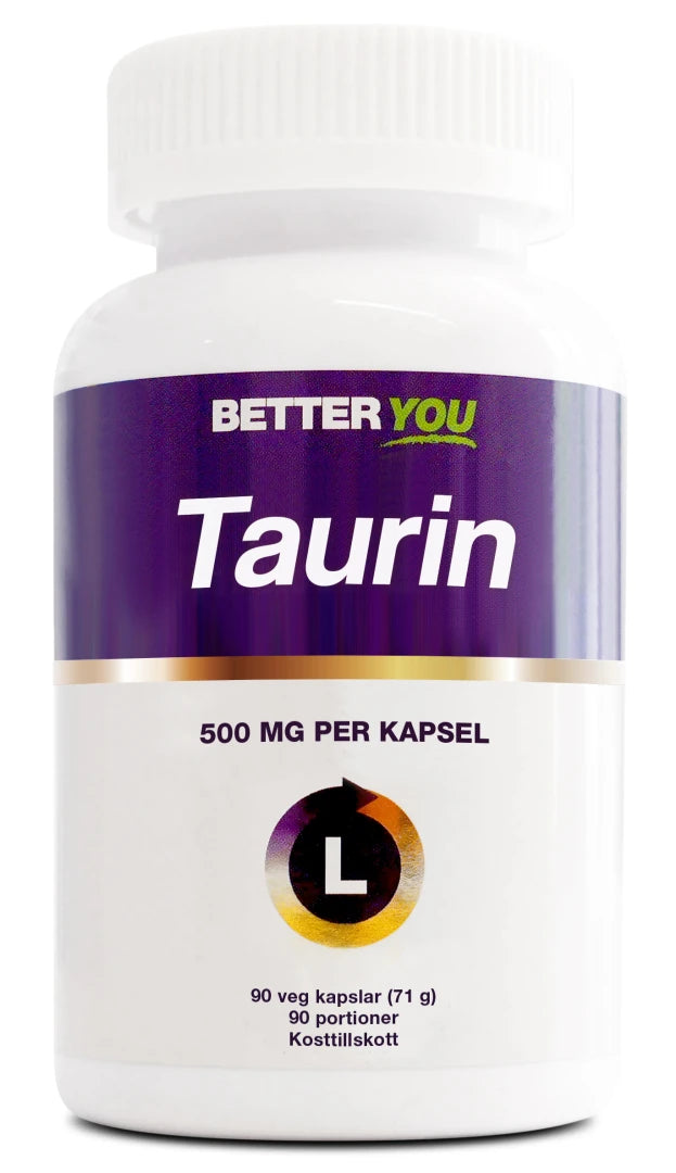 Better You Taurin 90 caps veganskt kosttillskott förpackad i en vit burk med lila etikett.