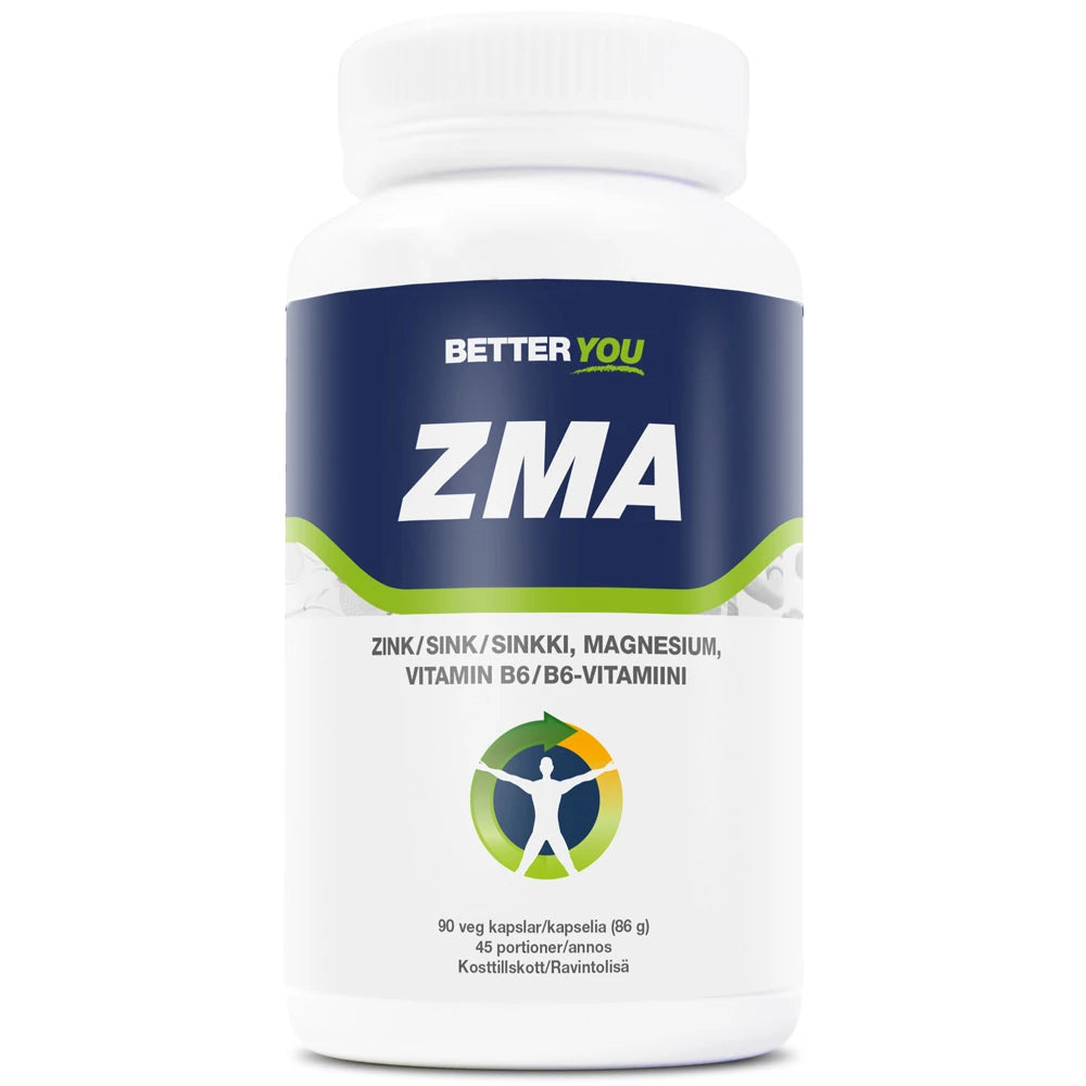 Better You ZMA 90 caps kosttillskott förpackat i en vit burk med mörkblå och gröna detaljer.