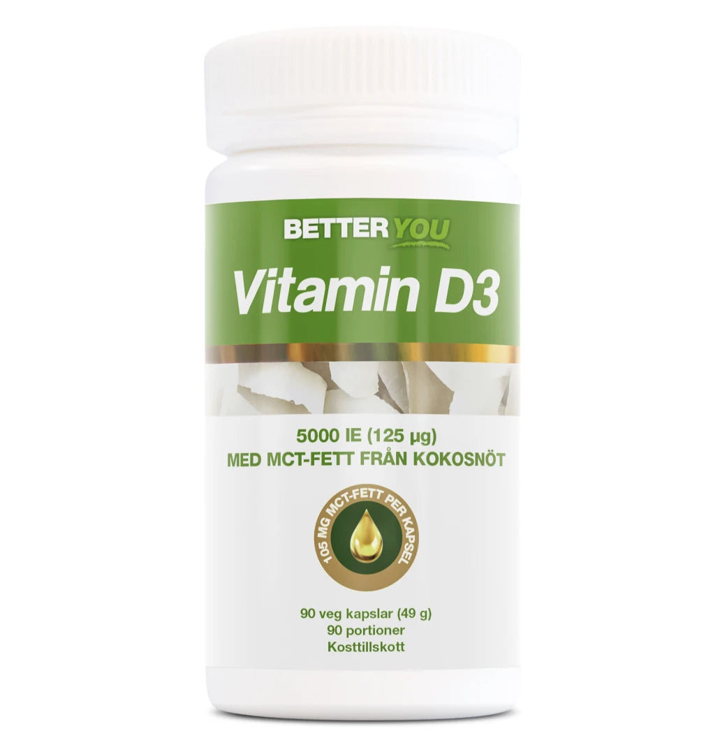 Better You Vitamin D3 5000IE + MCT 90 caps i en vit plastburk med grön och vit etikett.