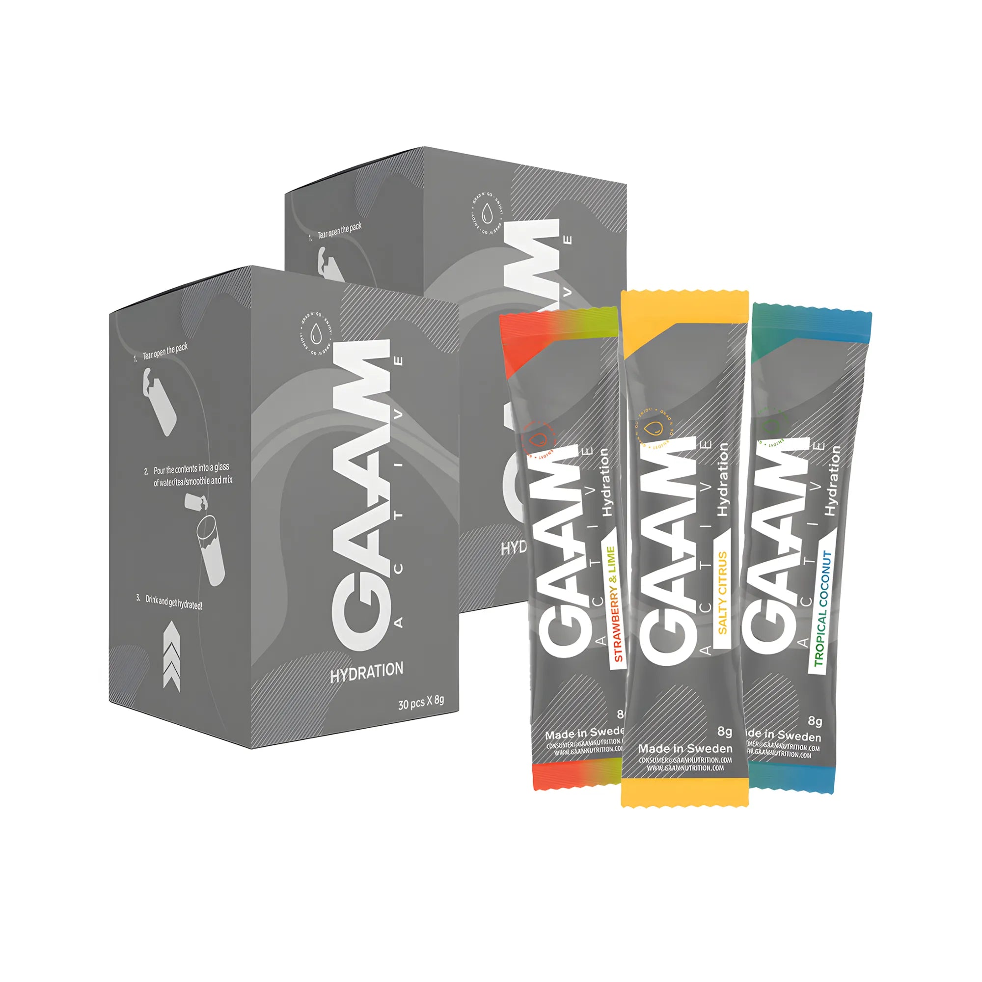 60 x GAAM Active Hydration 8 g Elektrolyter i två grå förpackningar med tre portionspåsar i olika smaker framför., bild 1 av 1