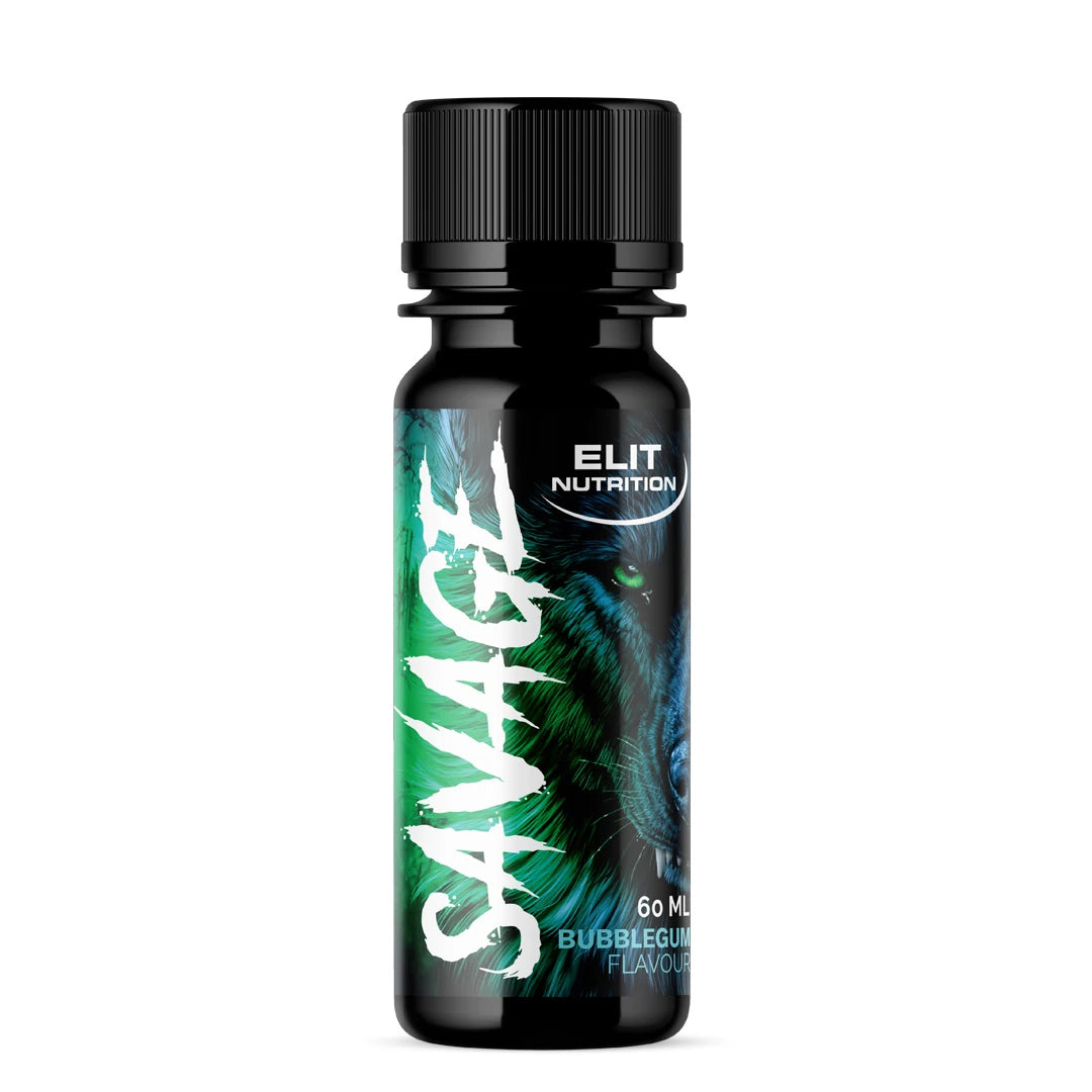Elit Nutrition Savage PWO Shot 60 ml i en svart flaska med grön varggrafik och text för smaken Bubblegum.