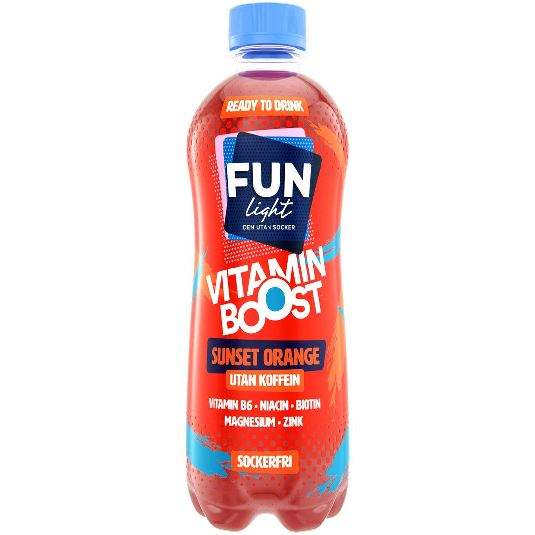 FUN Light Vitamin Boost 500 ml dryckeskoncentrat i en plastflaska med röd etikett för smaken Sunset Orange.