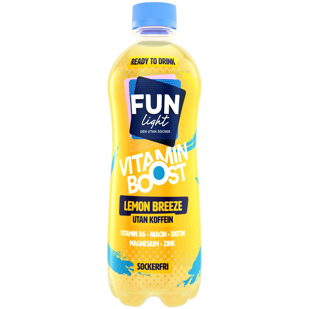 FUN Light Vitamin Boost 500 ml i en gul plastflaska med ljusblå kork för smaken Lemon Breeze.