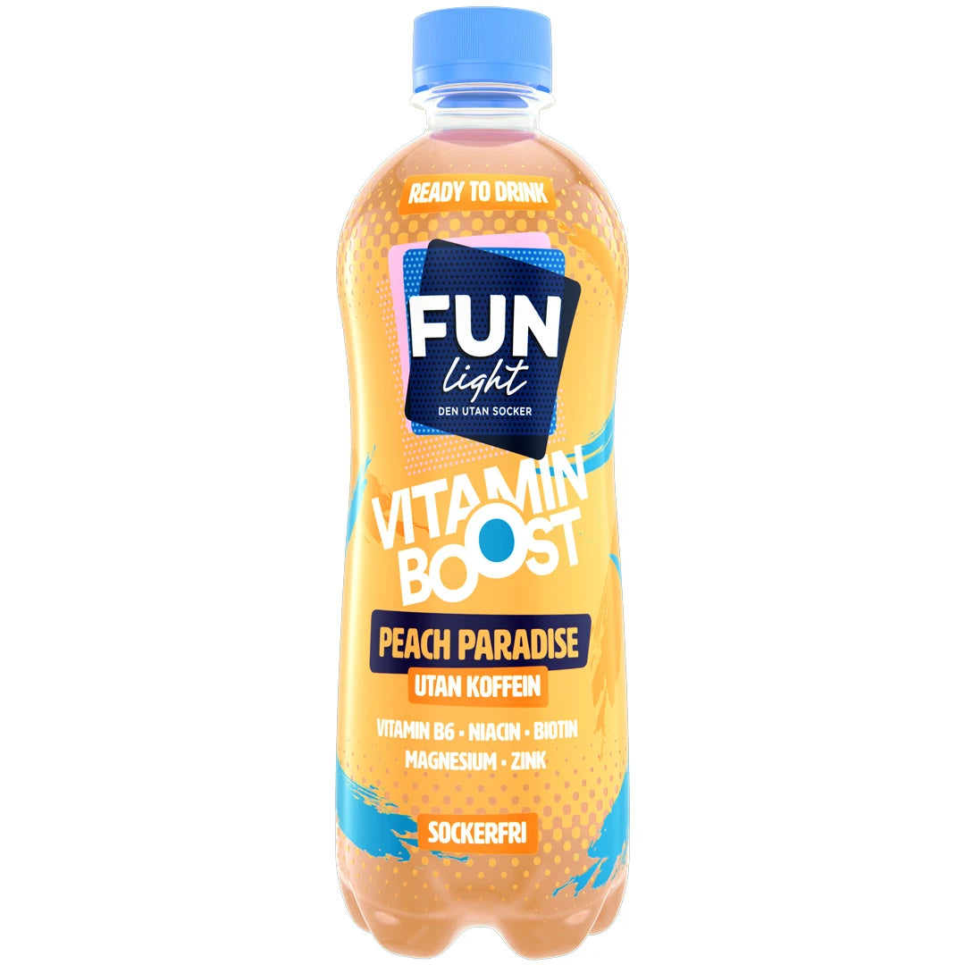 FUN Light Vitamin Boost 500 ml dryckeskoncentrat i en plastflaska med smaken Peach Paradise.