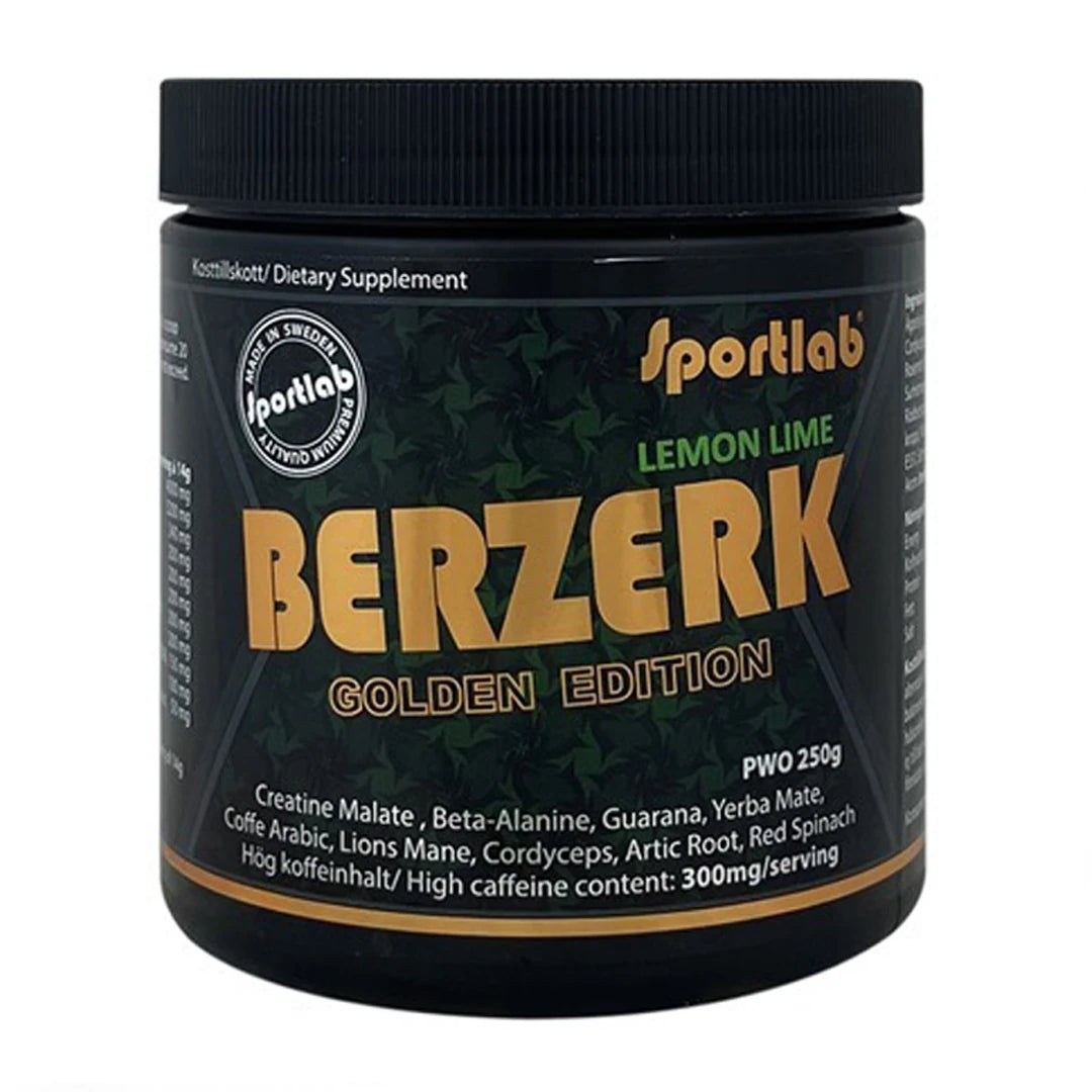 Sportlab BERZERK Golden Edition PWO 250 g i en svart burk med guldiga detaljer och text för smaken Lemon Lime.