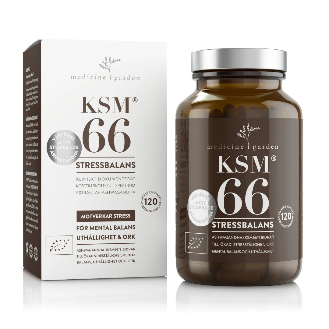MedicineGarden KSM66 Ashwagandha 120 caps i en mörkbrun burk med silverlock och tillhörande vit kartong.