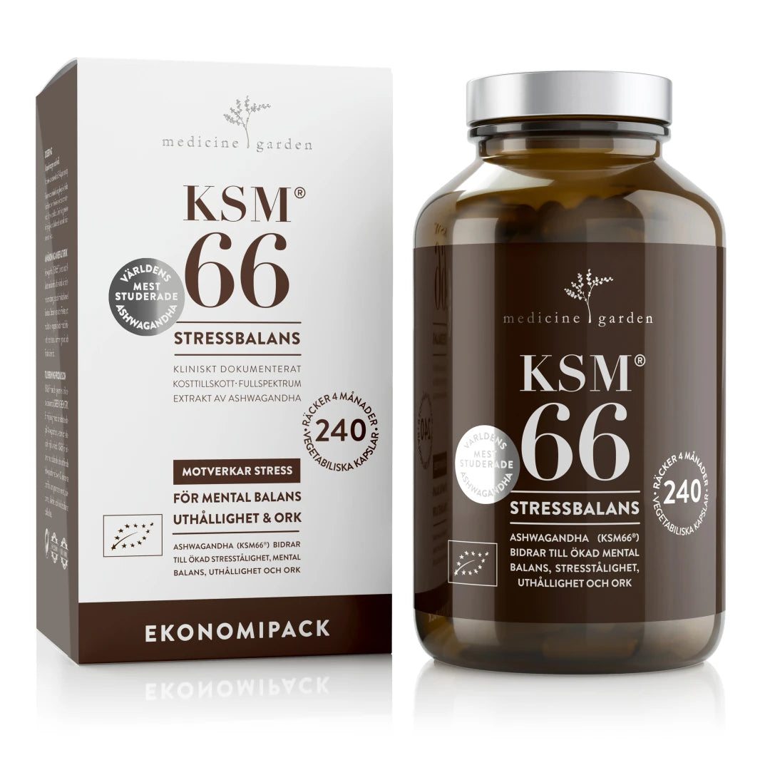 MedicineGarden KSM66 Ashwagandha 240 caps, kosttillskott för stressbalans i vit ask och mörkbrun burk med silverlock.
