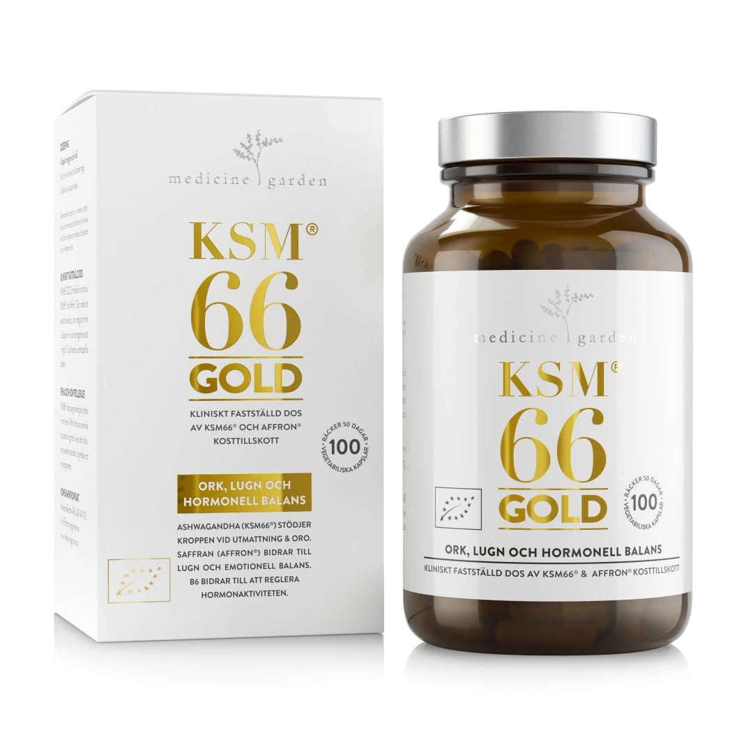 MedicineGarden KSM66 GOLD 100 caps i en vit ask och mörkbrun glasburk med guldfärgade detaljer, för ork, lugn och hormonell balans.