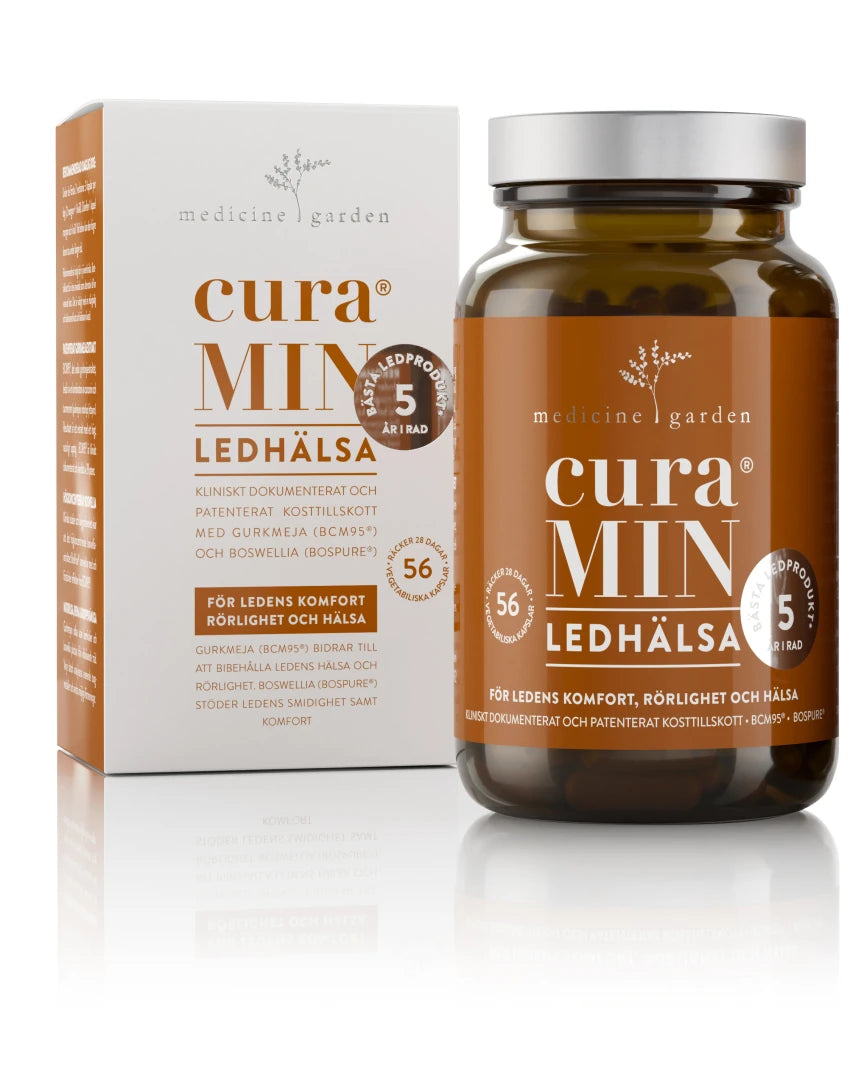 MedicineGarden curaMIN Ledhälsa 56 caps kosttillskott, bestående av en brun burk och en vit ask med orange detaljer.