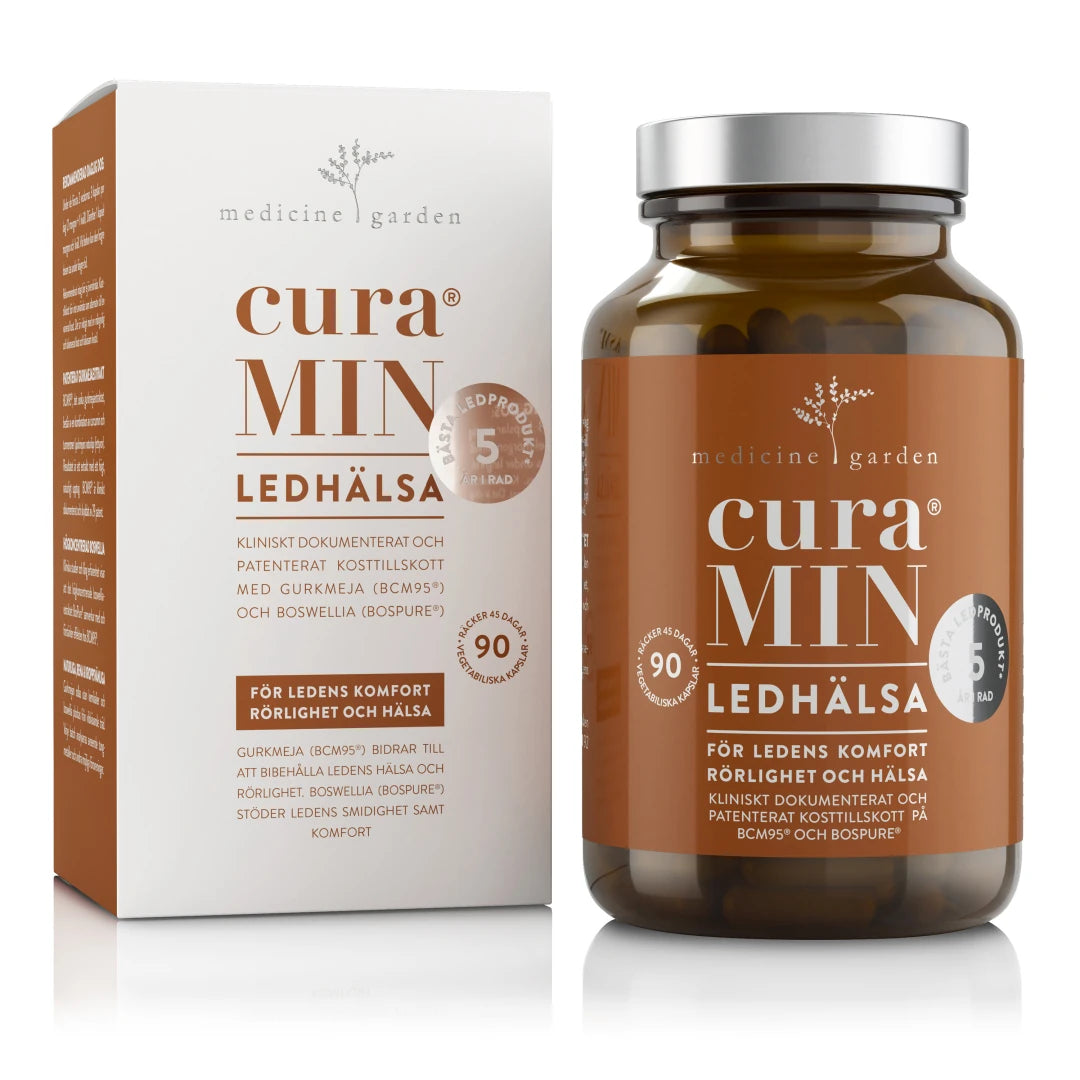 MedicineGarden curaMIN Ledhälsa 90 caps kosttillskott för ledhälsa, vit och orange förpackning bredvid en mörk burk med guldkork.