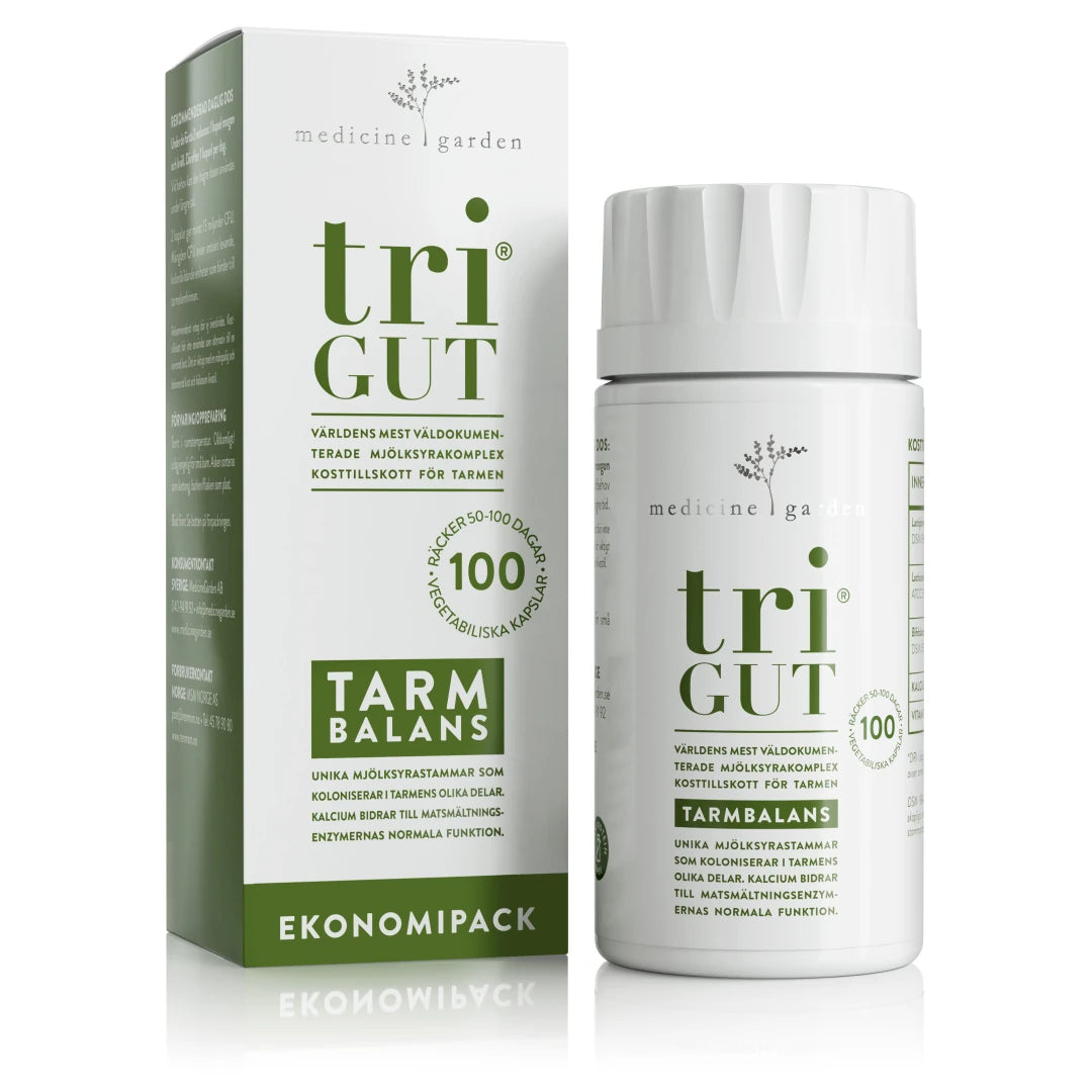 MedicineGarden triGUT Tarmbalans 100 caps kosttillskott i en vit burk och pappersask med mörkgröna detaljer.