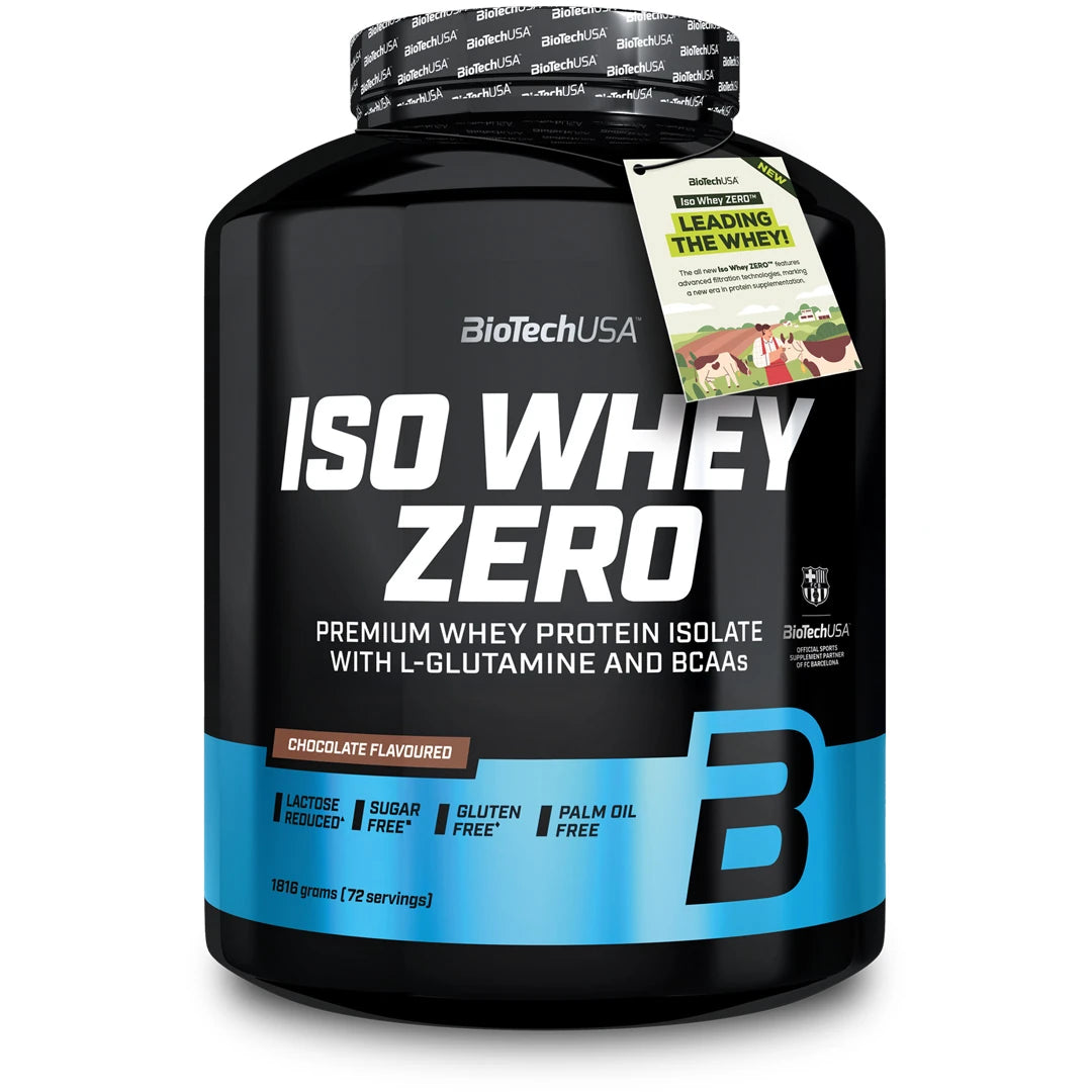 BioTechUSA Iso Whey Zero 1816 g Proteinpulver i en svart burk med ett blått fält för smaken choklad.