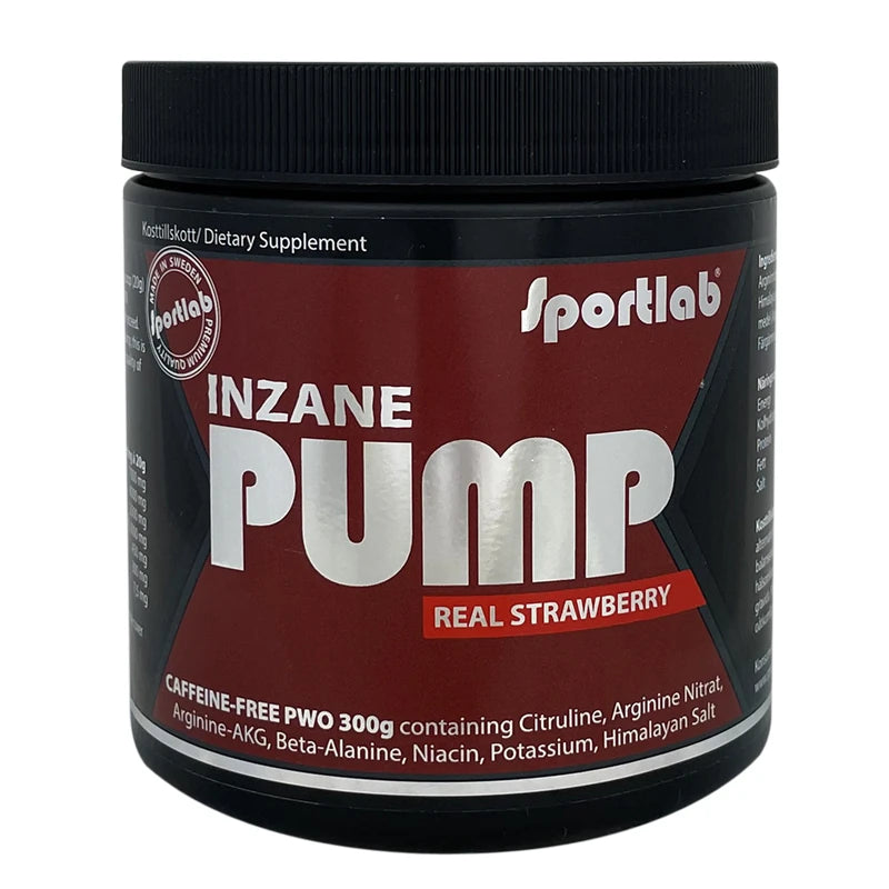 Sportlab Inzane PUMP 300 g koffeinfri PWO i pulverform, svart burk med mörkröd etikett och smak av Real Strawberry.