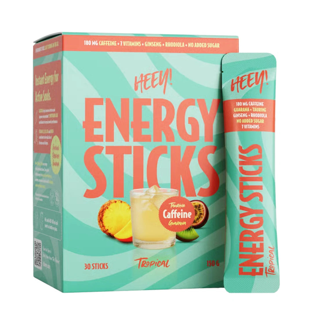 Heey! Energy Sticks Koffein + Guarana i en turkos ask och portionssticka med smaken Tropical.