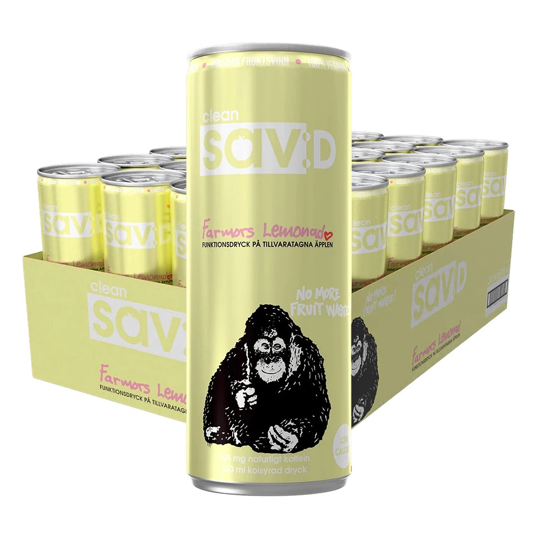24 x Clean sav:D 330 ml Farmors Lemonad i ett gult flak med matchande gula burkar och illustration av en apa.