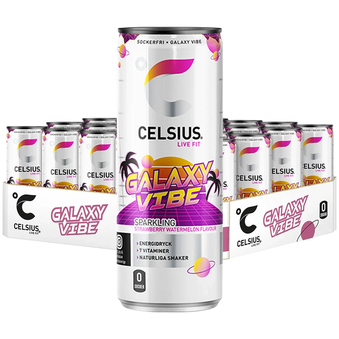 24 x Celsius 355 ml Galaxy Vibe - Watermelon Strawberry i ett flak med vita burkar och färgstark retrodesign.