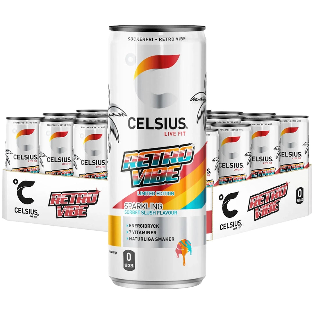 24 x Celsius 355 ml Retro Vibe Limited Edition - Sorbet Slush i ett vitt flak med vita energidrycksburkar med färgglada retrodetaljer.