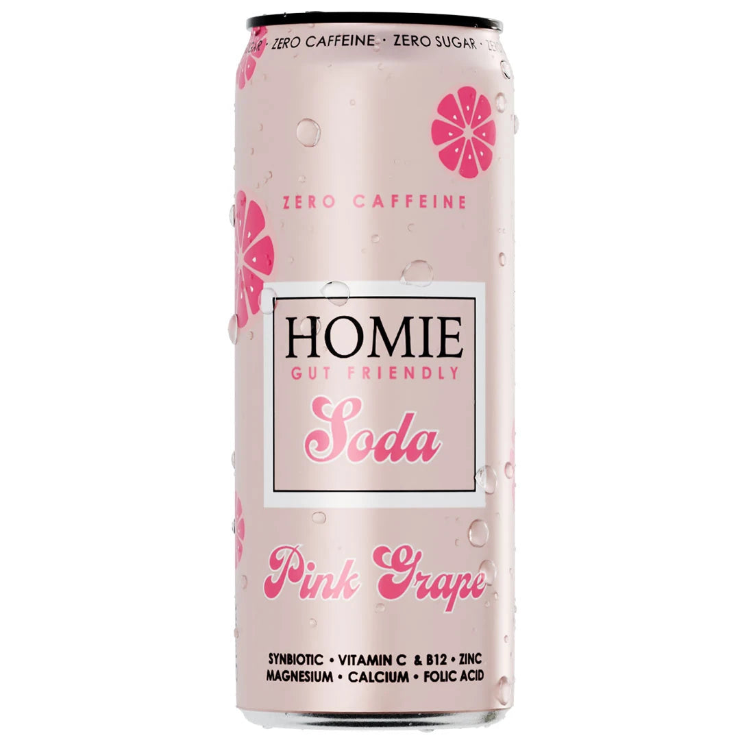 Homie Soda Synbiotic 330 ml sockerfri vitamindryck i en ljusrosa burk med vattendroppar och smaken Pink Grapefruit.