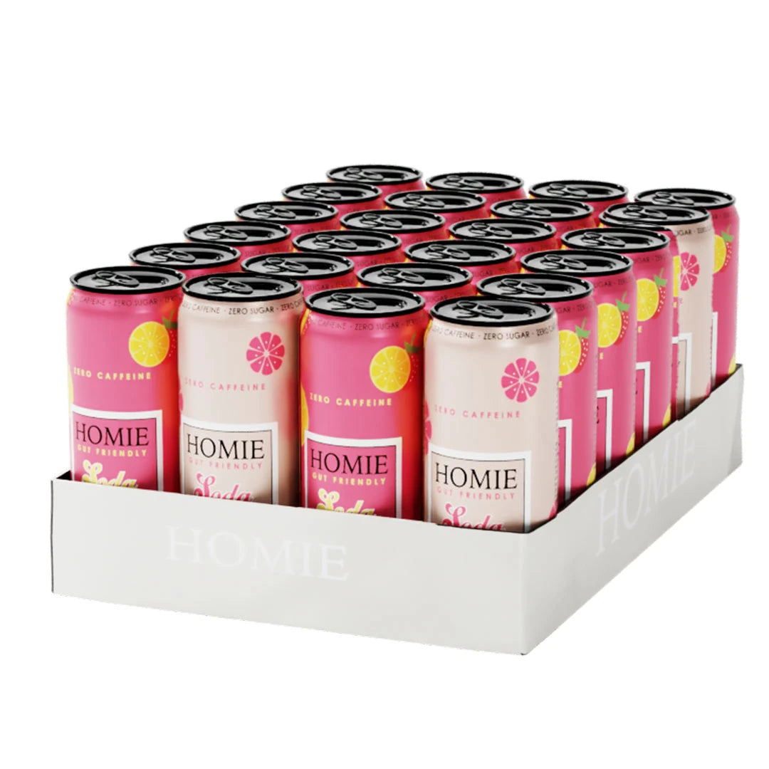 24 x Homie Soda Synbiotic 330 ml Mixflak i ett vitt flak med blandade rosa och ljusbeige burkar.