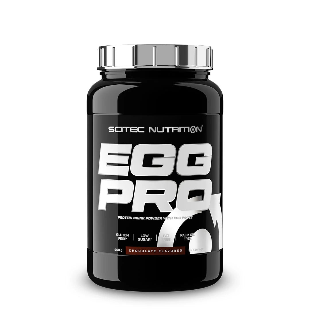 Scitec Nutrition Egg Pro 900 g äggprotein i en svart burk med silverlock och chokladsmak.