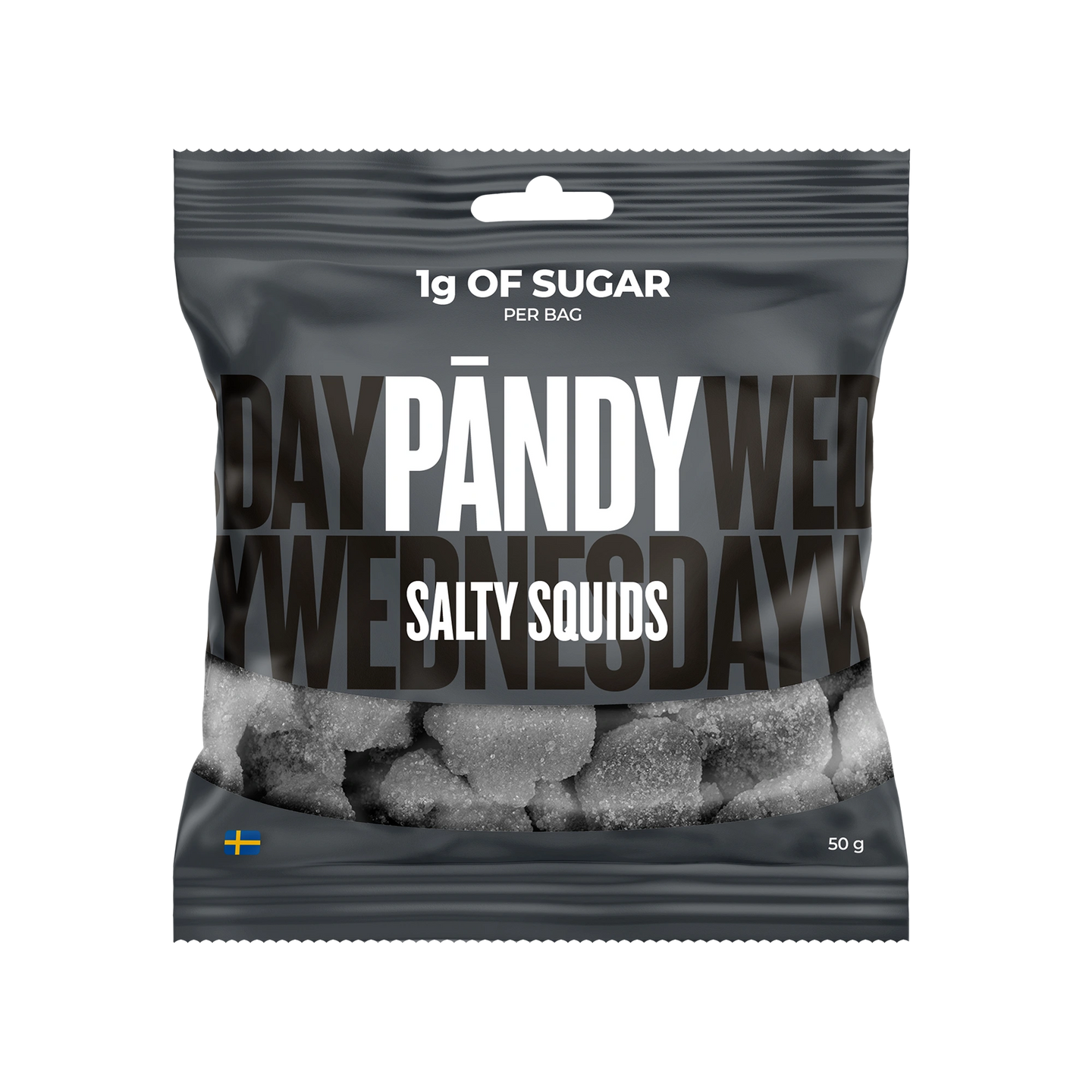 Pändy Candy 50 g Salty Squids i en mörkgrå godispåse som visar de sockrade saltlakritsbitarna., bild 1 av 1