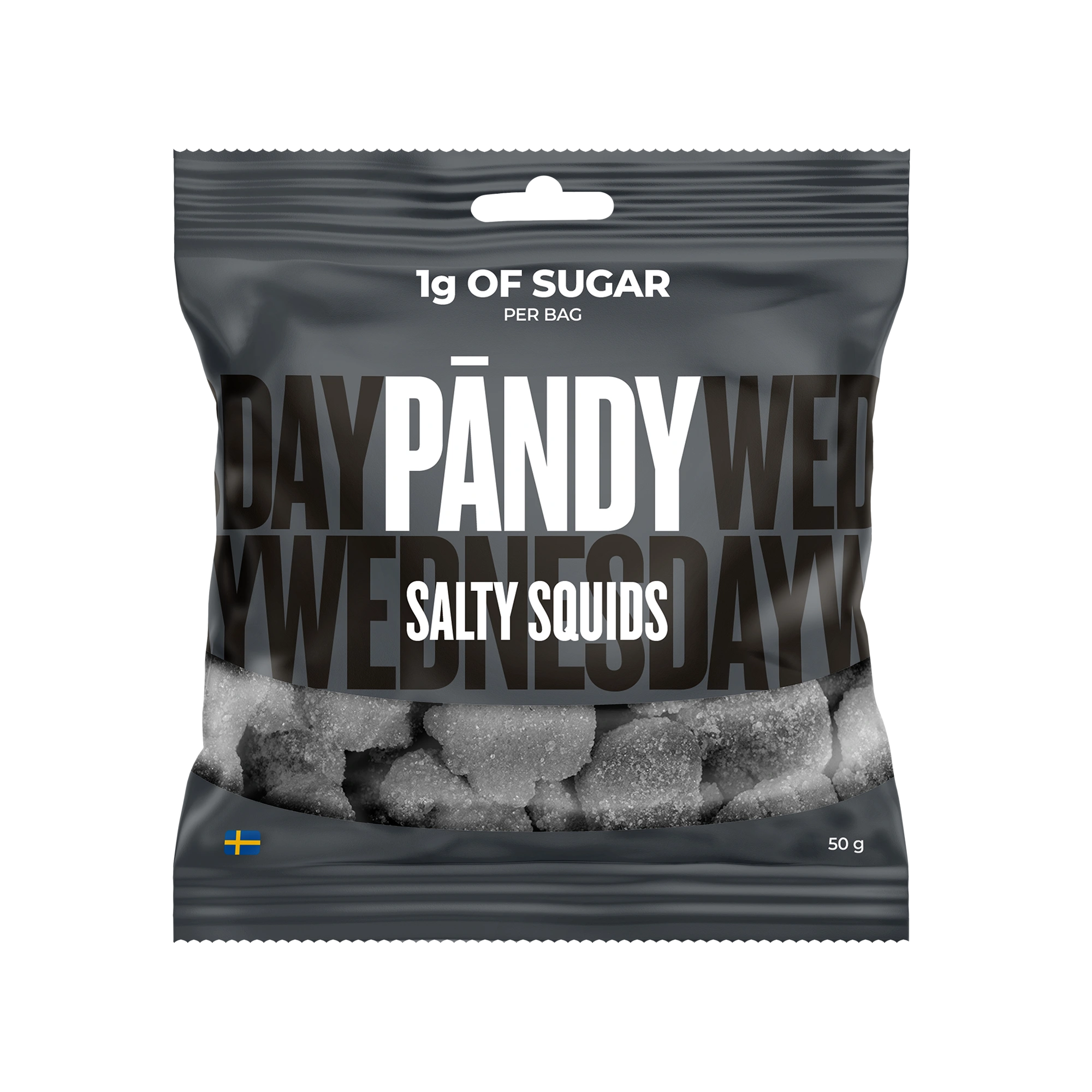 Pändy Candy 50 g Salty Squids i en mörkgrå godispåse som visar de sockrade saltlakritsbitarna., bild 1 av 1