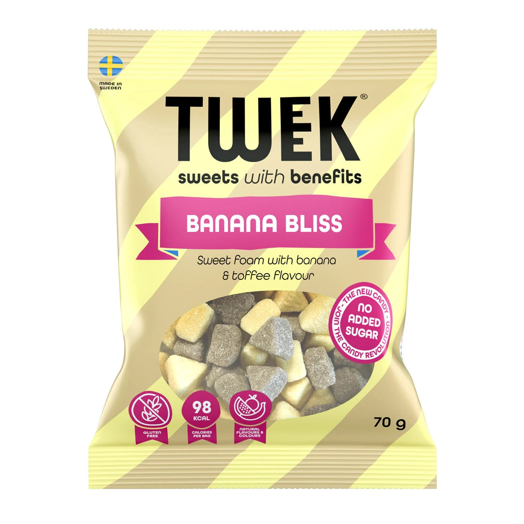 Tweek Sweets 70 g skumgodis i en ljusgul och beige randig påse för smaken Banana Bliss., bild 4 av 5