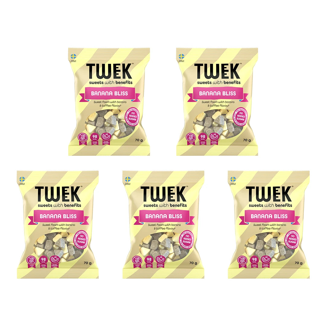 5 x Tweek Sweets 70 g Banana Bliss i gulrandiga godispåsar med rosa detaljer.