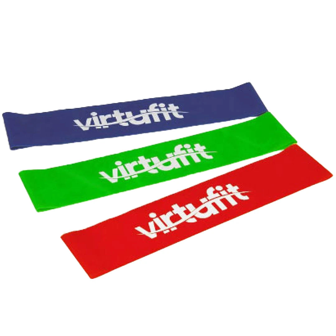 Virtufit Mini Resistance Bands Elastic Set - 3 Strengths i färgerna blå, grön och röd för mångsidig helkroppsträning.