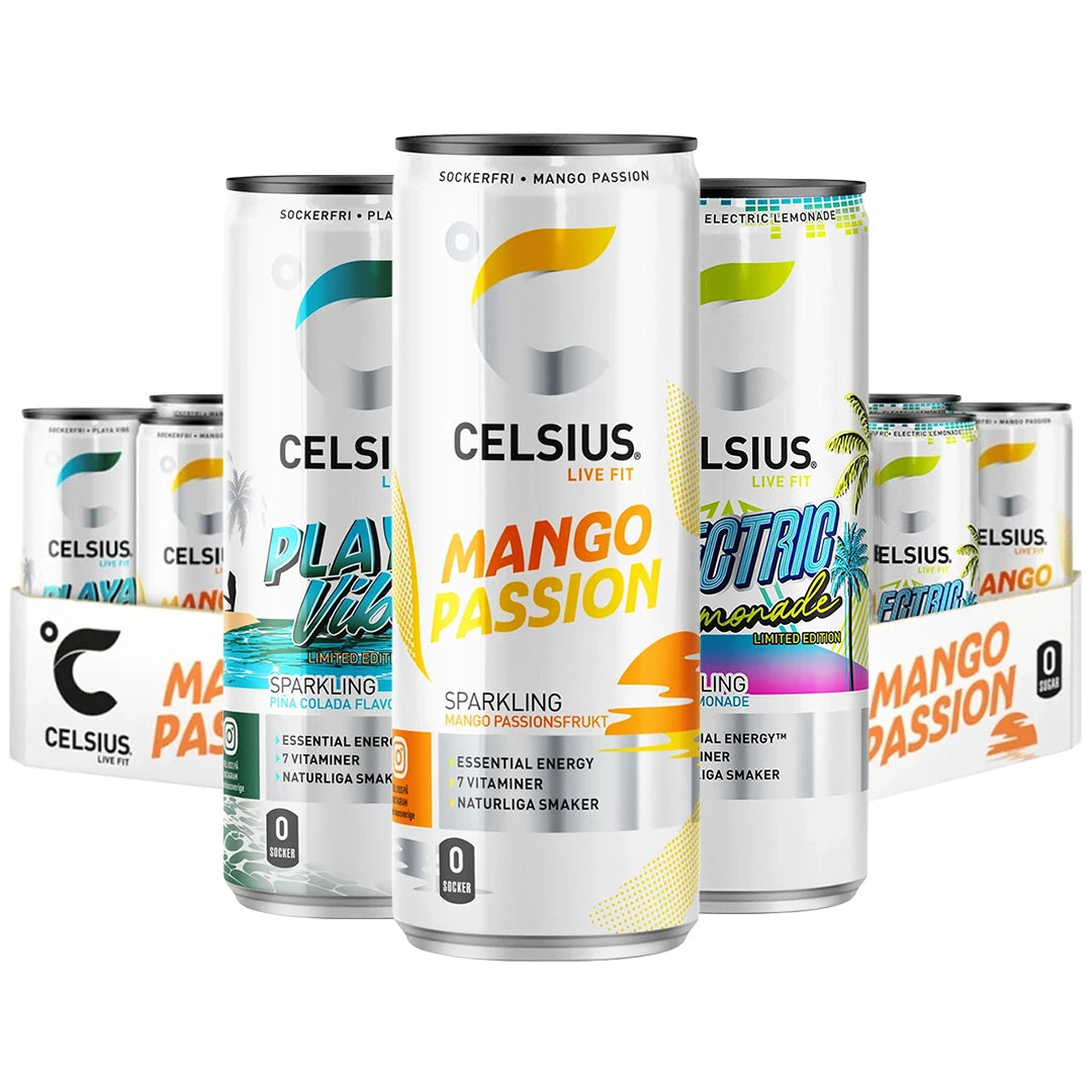 24 x Celsius 355 ml Mixflak - Utvalda smaker med vita burkar och färgglada detaljer för olika varianter.