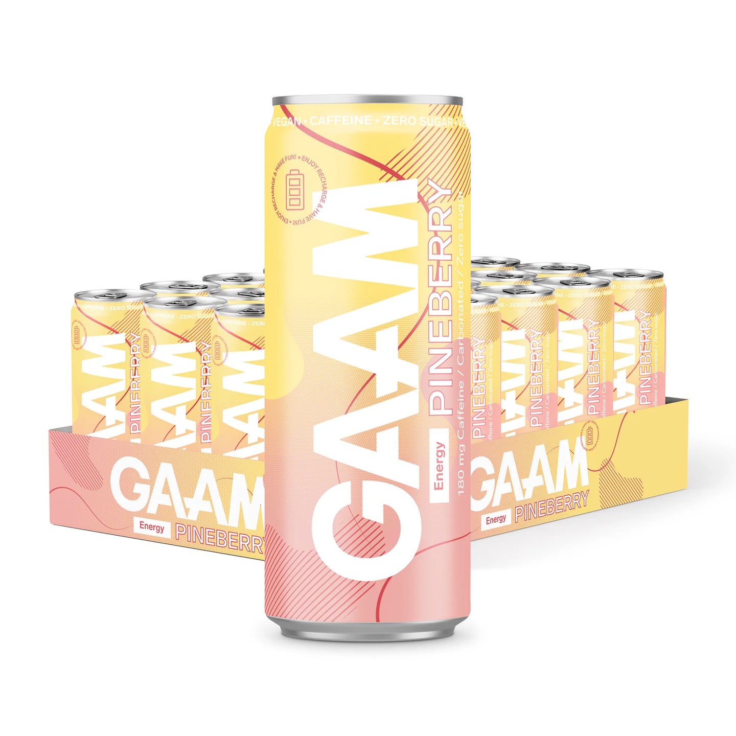 24 x GAAM Energy 330 ml Pineberry energidryck i ett gult och rosa flak med en burk i förgrunden.