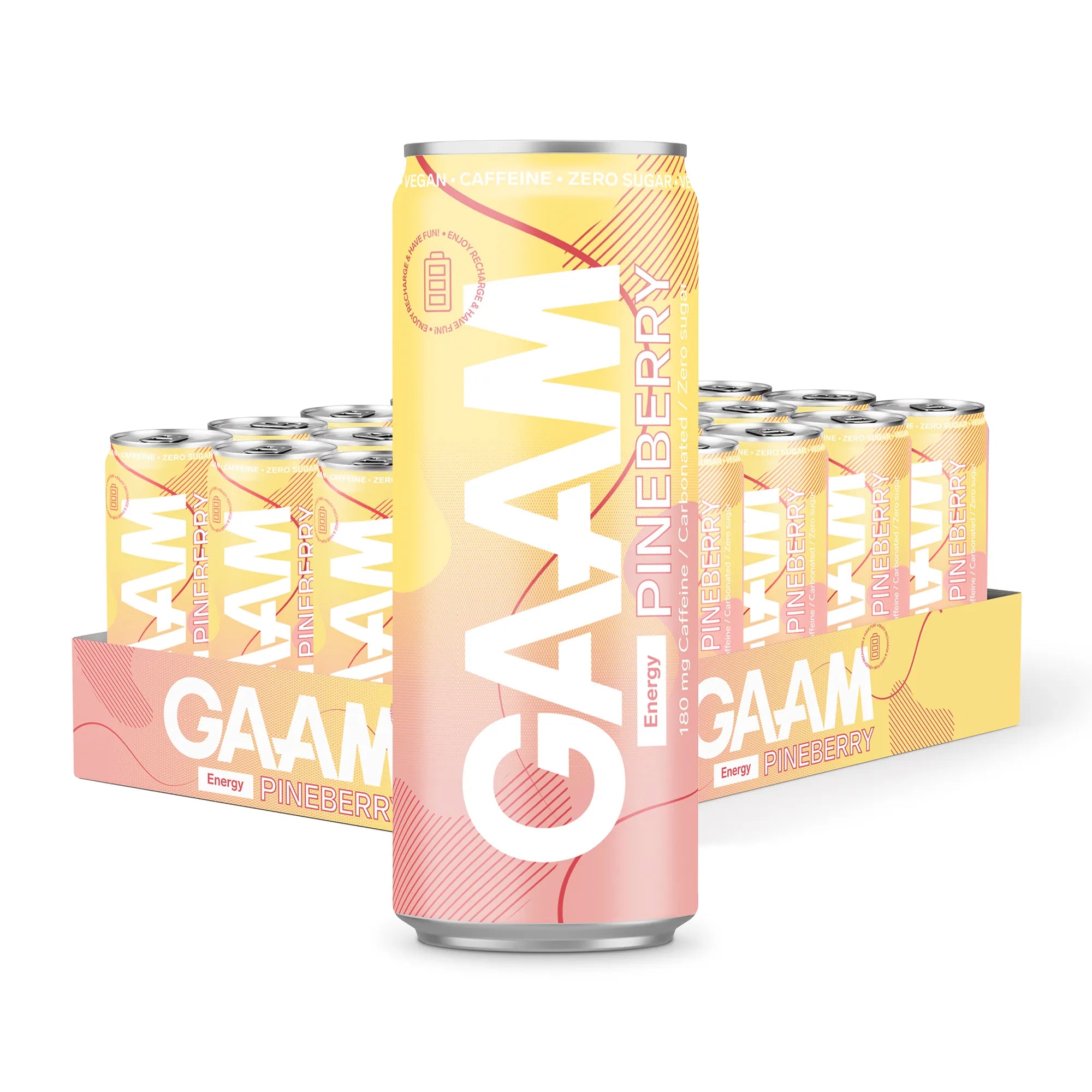 24 x GAAM Energy 330 ml Pineberry energidryck i ett gult och rosa flak med en burk i förgrunden.