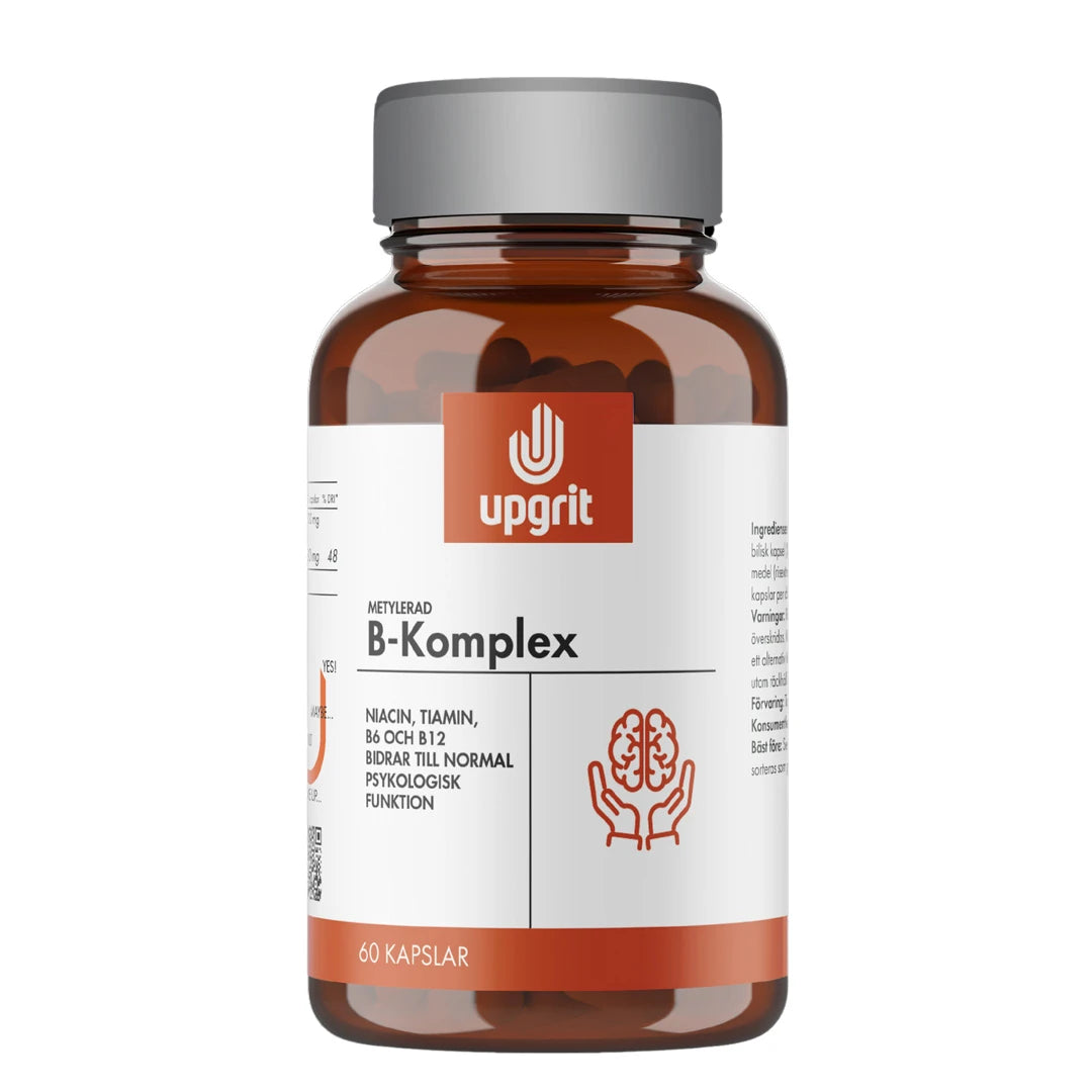 Upgrit Metylerad B-Komplex 60 caps i en brun glasburk med silverlock och vit etikett med röda detaljer.