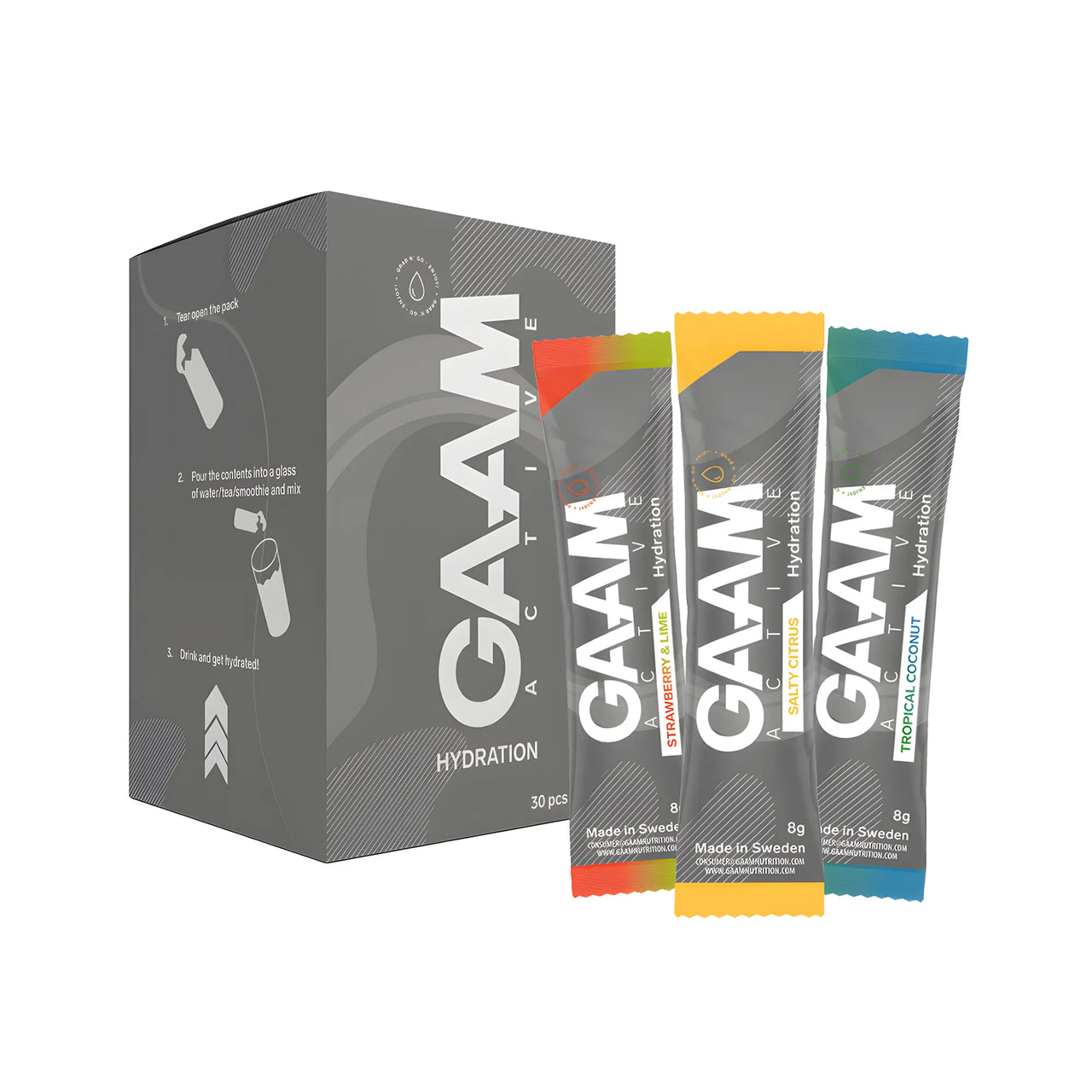 30 x GAAM Active Hydration 8 g Elektrolyter Mixlåda bestående av en grå kartong och tre portionspåsar i olika färger.