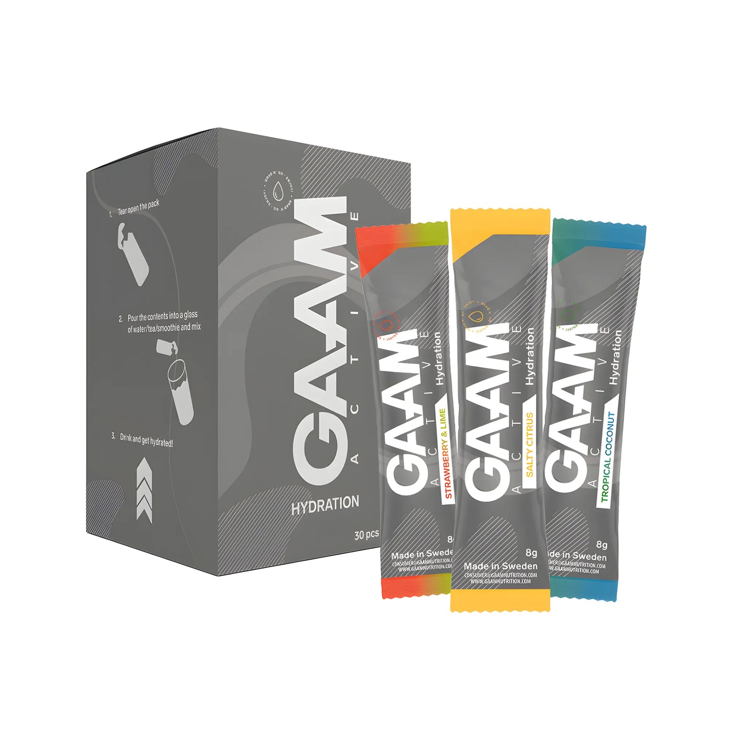 30 x GAAM Active Hydration 8 g Elektrolyter Mixlåda bestående av en grå kartong och tre portionspåsar i olika färger., bild 1 av 1