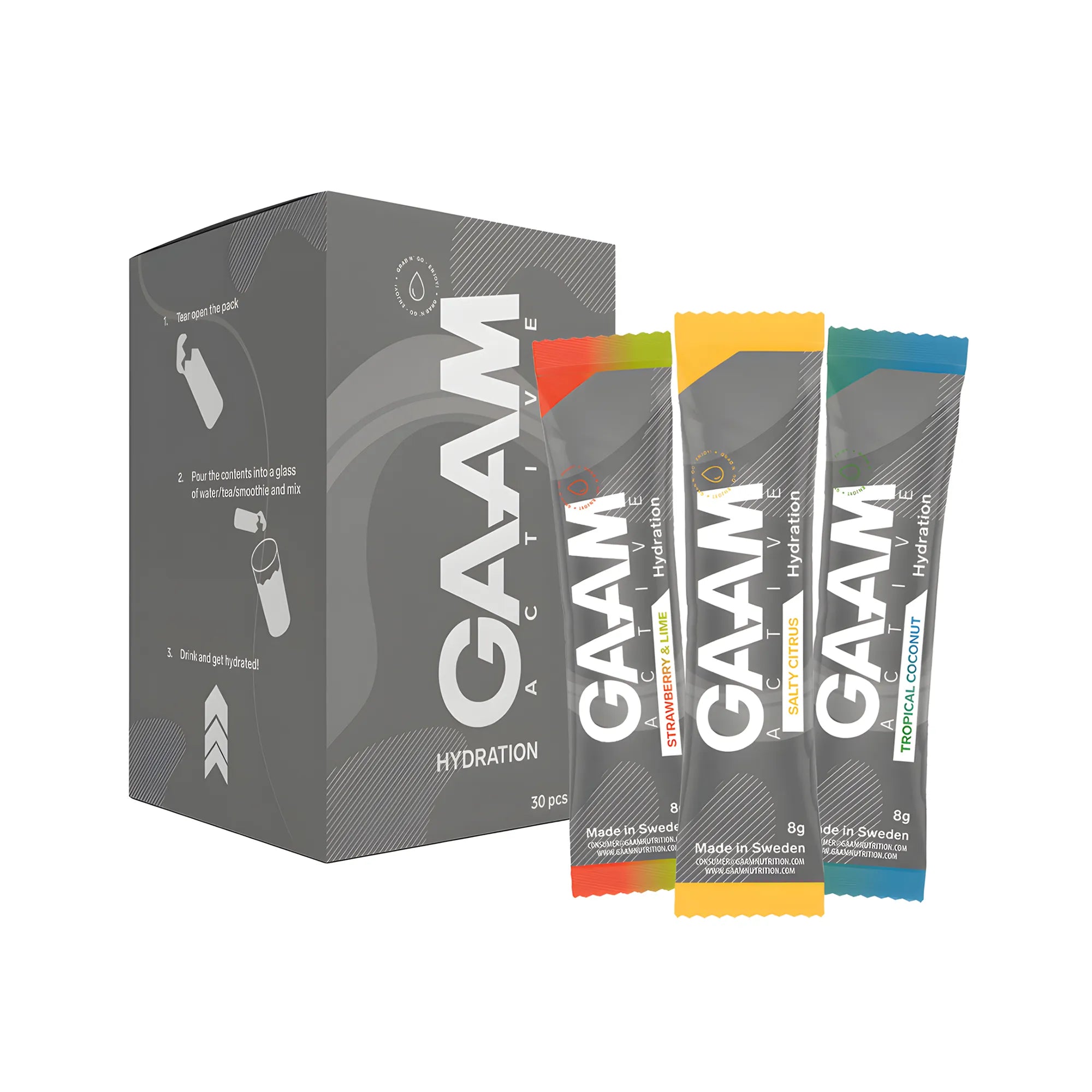 30 x GAAM Active Hydration 8 g Elektrolyter Mixlåda bestående av en grå kartong och tre portionspåsar i olika färger., bild 1 av 1