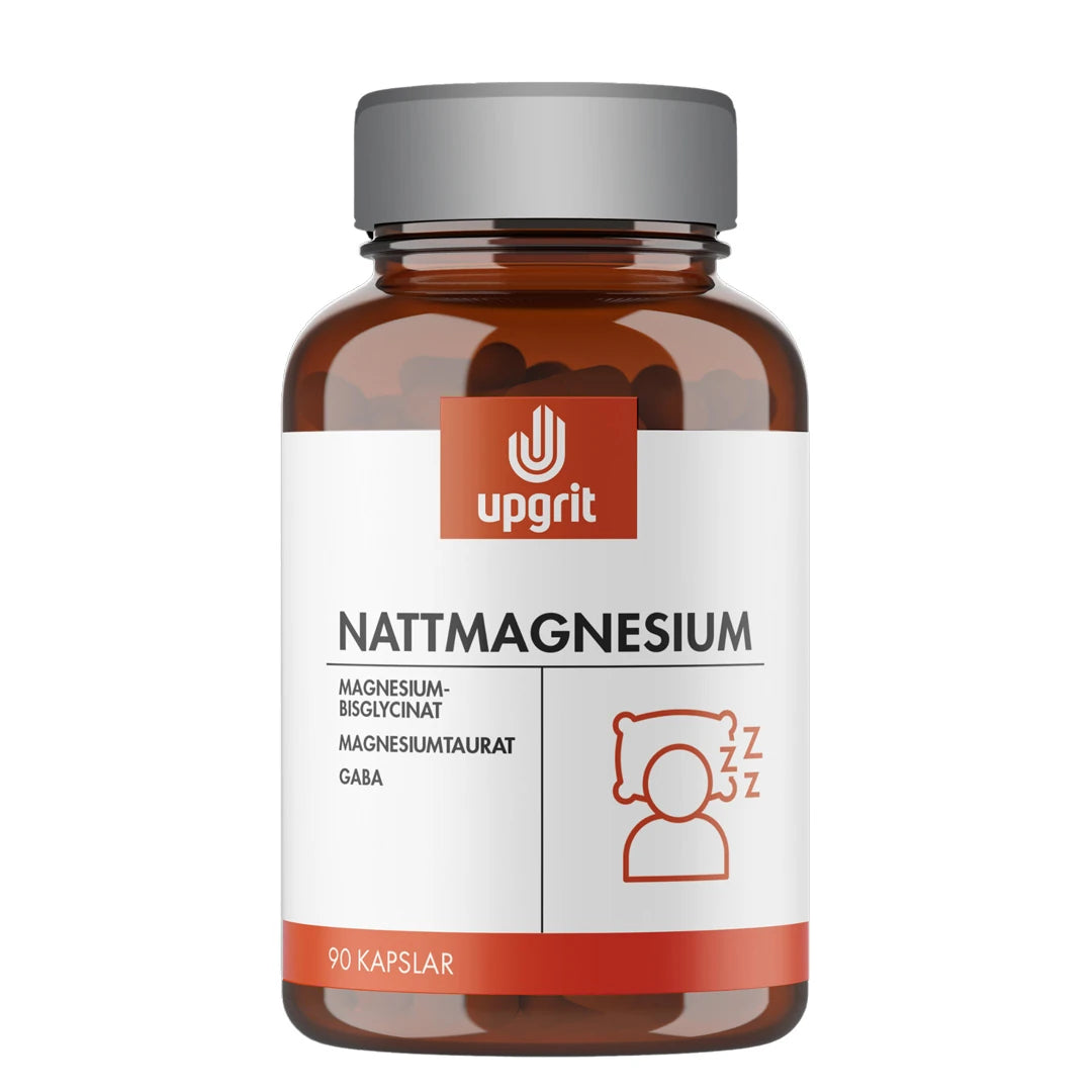 Upgrit Nattmagnesium 90 caps i en brun glasburk med grått lock och vit etikett med röda detaljer.
