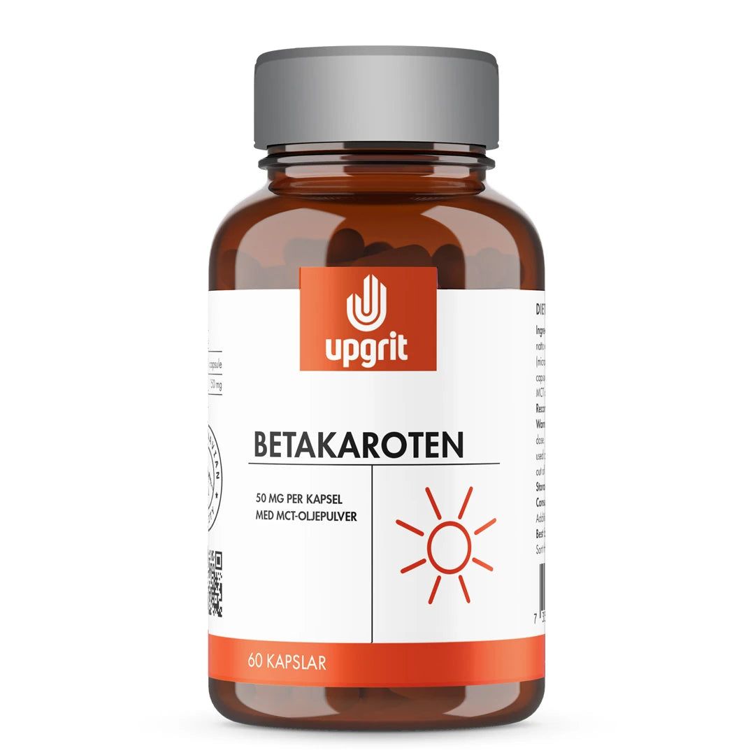 Upgrit Betakaroten 50 mg 60 caps förpackad i en brun burk med grått lock och vit etikett med orange detaljer.