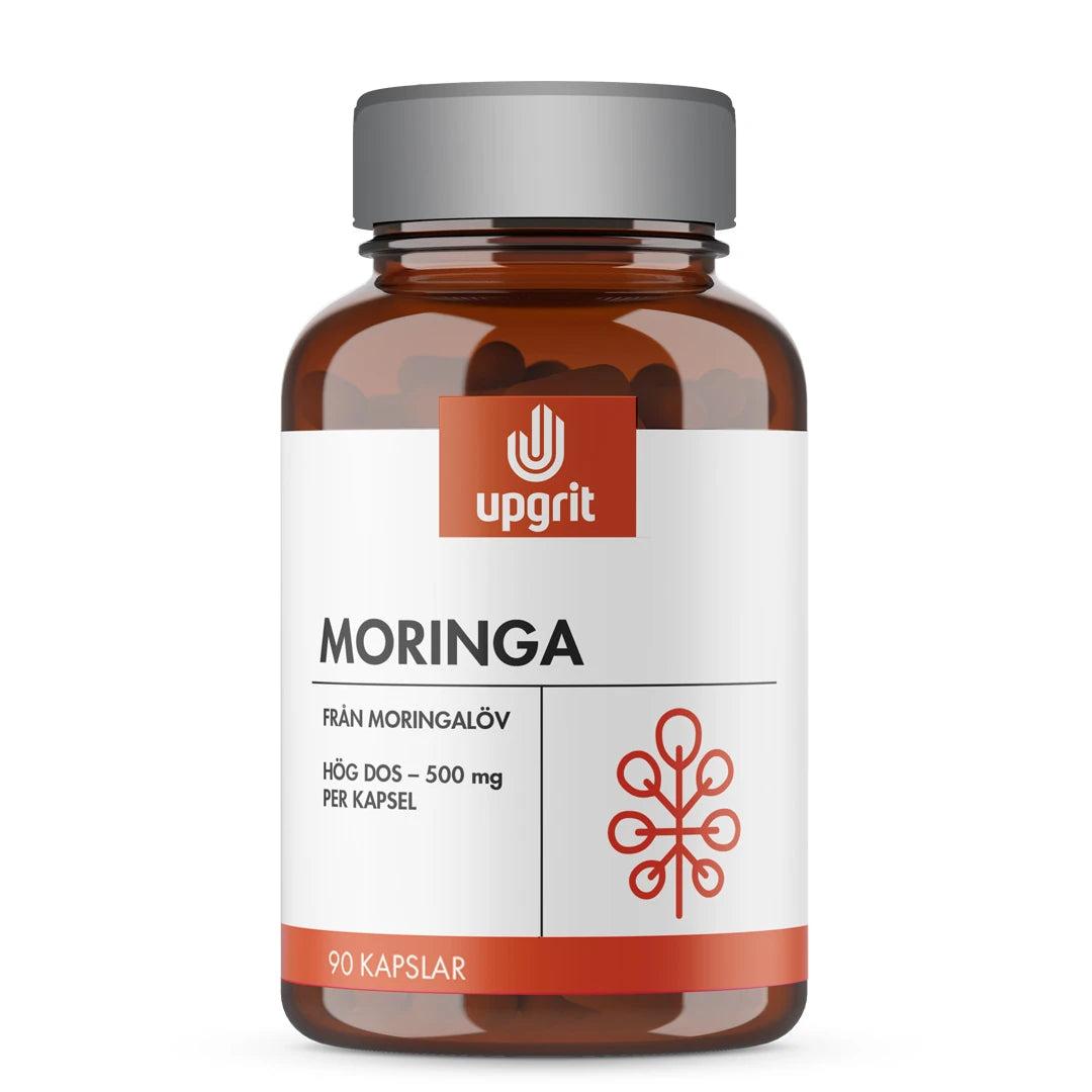 Upgrit Moringa 90 caps i en brun glasburk med vit och orange etikett samt grått lock.