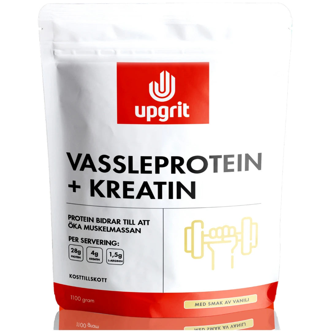 Upgrit Vassleprotein + Kreatin 1.1 kg proteinpulver i en vit påse med röd logotyp för smaken vanilj.