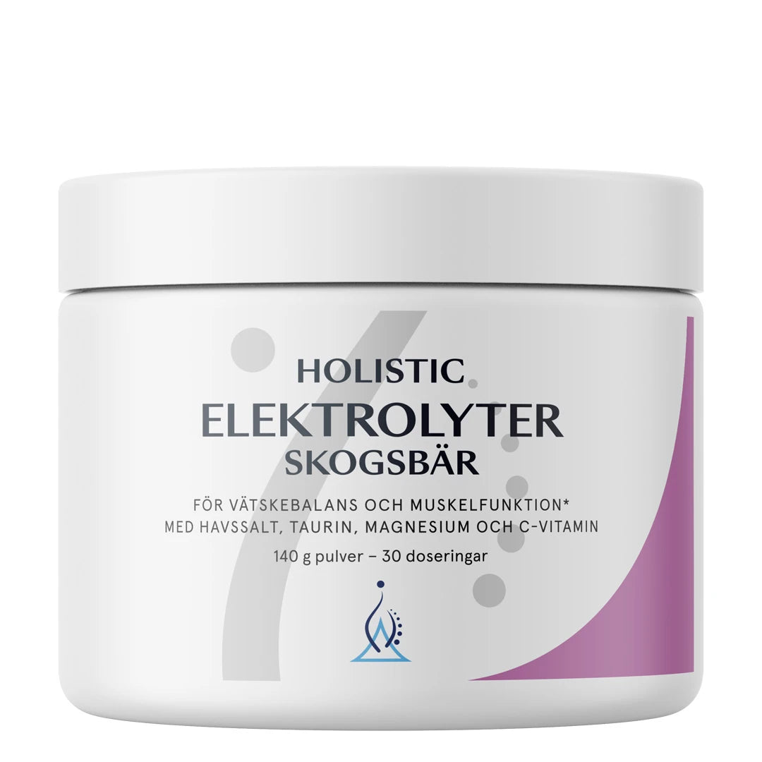 Holistic Elektrolyter 140 g elektrolytpulver i en vit burk med lila detaljer och smak av skogsbär.
