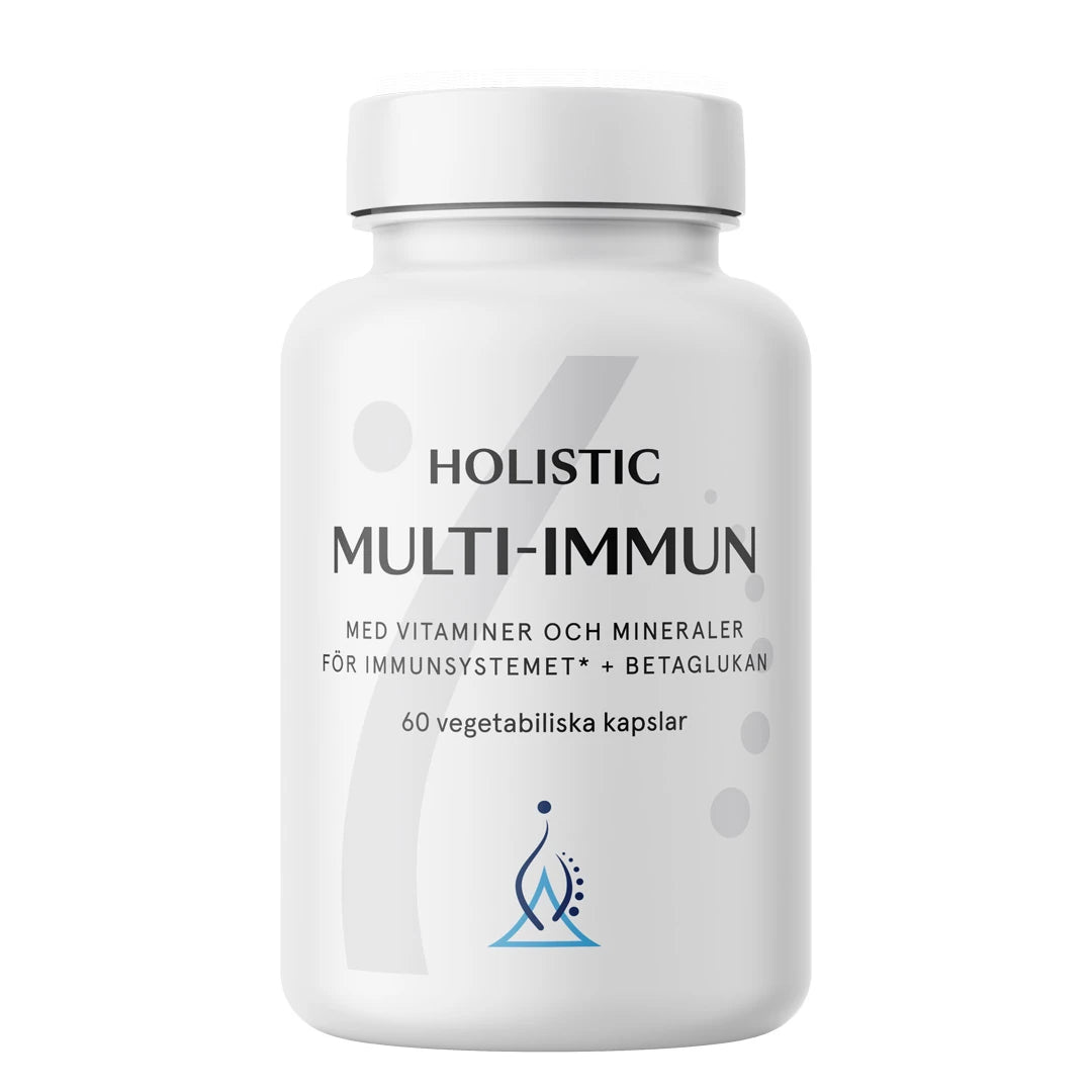 Holistic Multi-Immun 60 caps, kosttillskott för immunsystemet i en vit burk med grå detaljer.