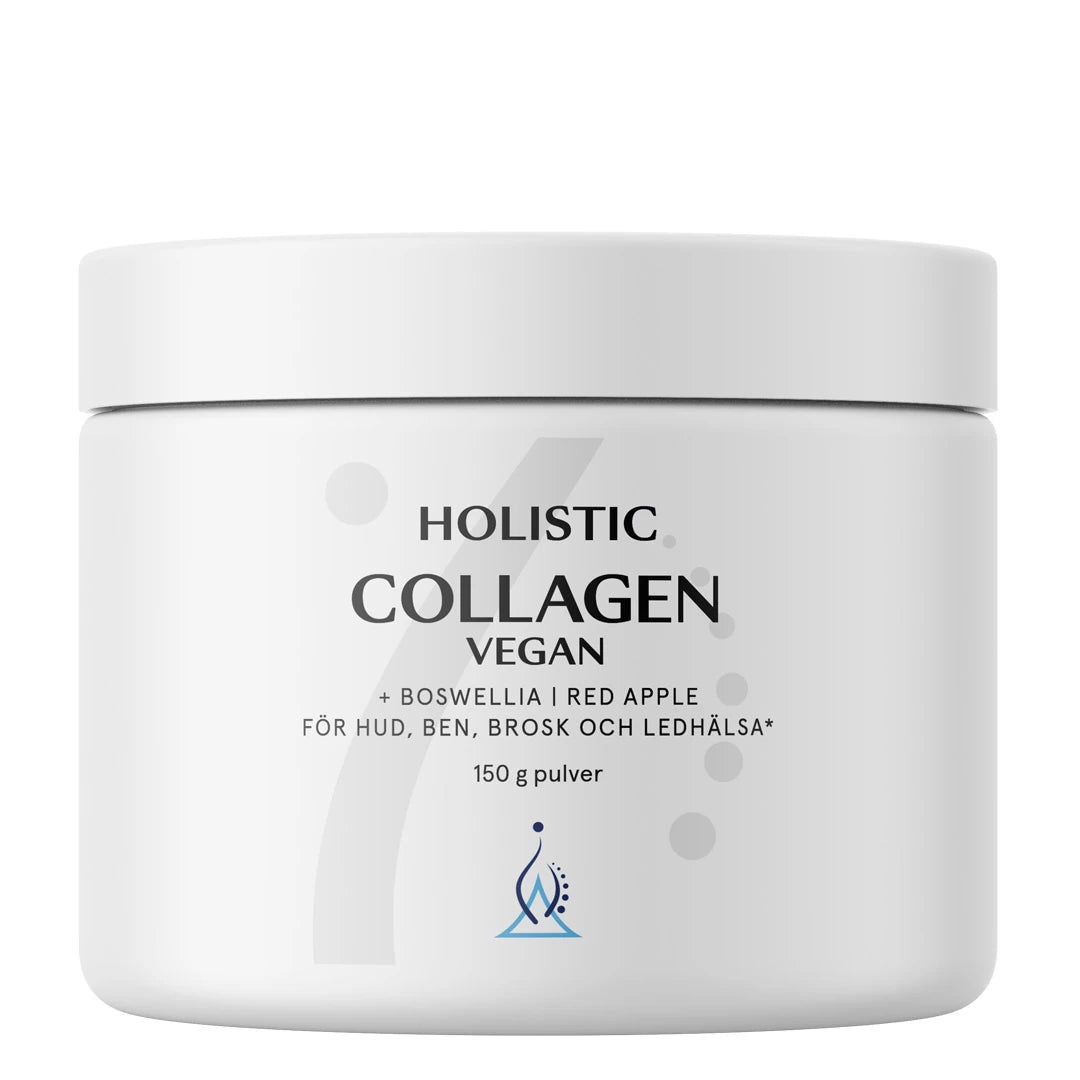 Holistic Collagen Vegan 150 g är ett veganskt kollagentillskott i en vit burk, för hud, ben och ledsystem.