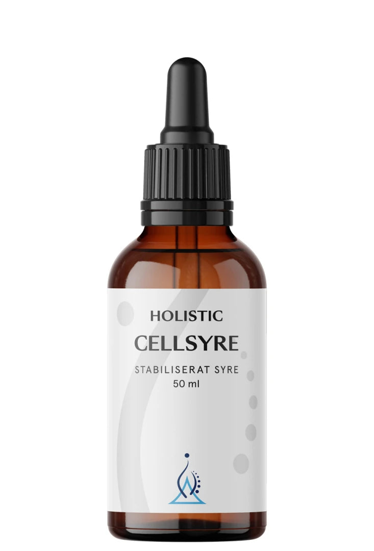 Holistic Cellsyre 50 ml flytande kosttillskott i en brun glasflaska med svart pipett och vit etikett.