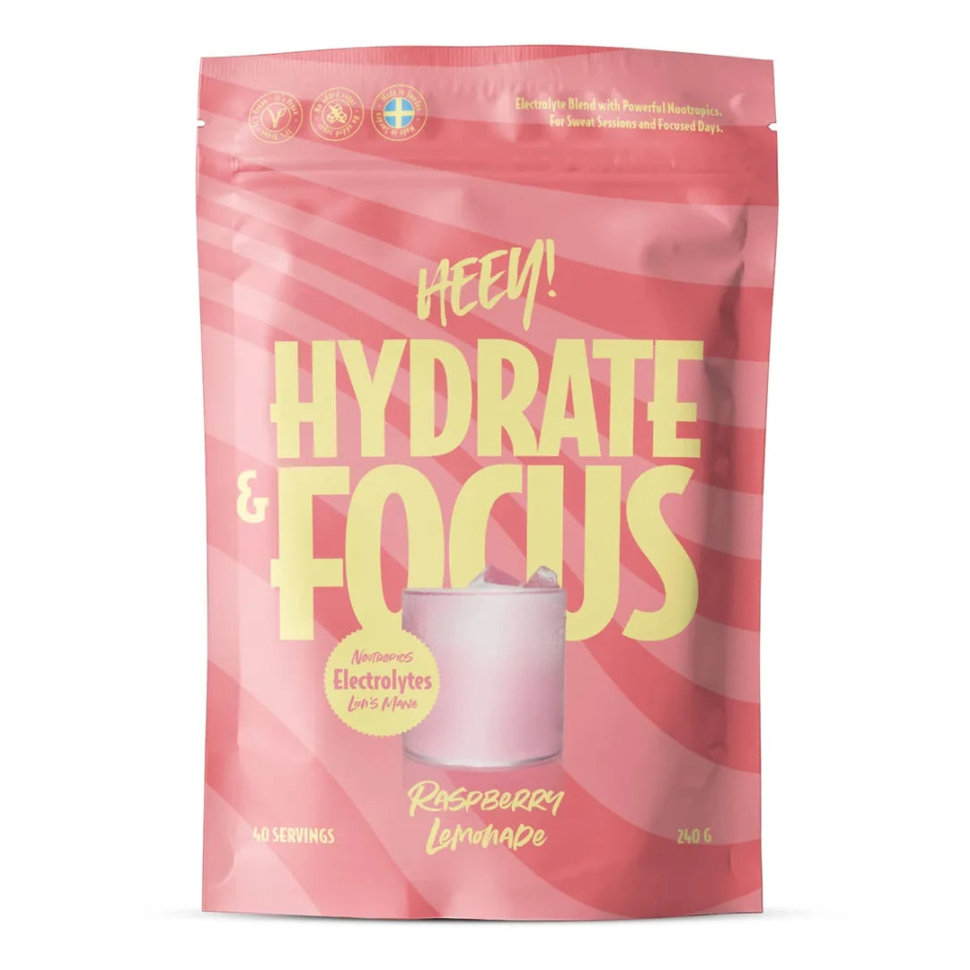 Heey! Elektrolyter + Lions Mane 240 g i en rosa påse med gula detaljer för smaken Raspberry Lemonade.